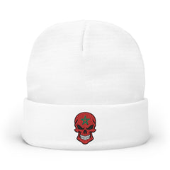 Red Floral Skull Knit Beanie | Embroidered Casual Winter Hat,